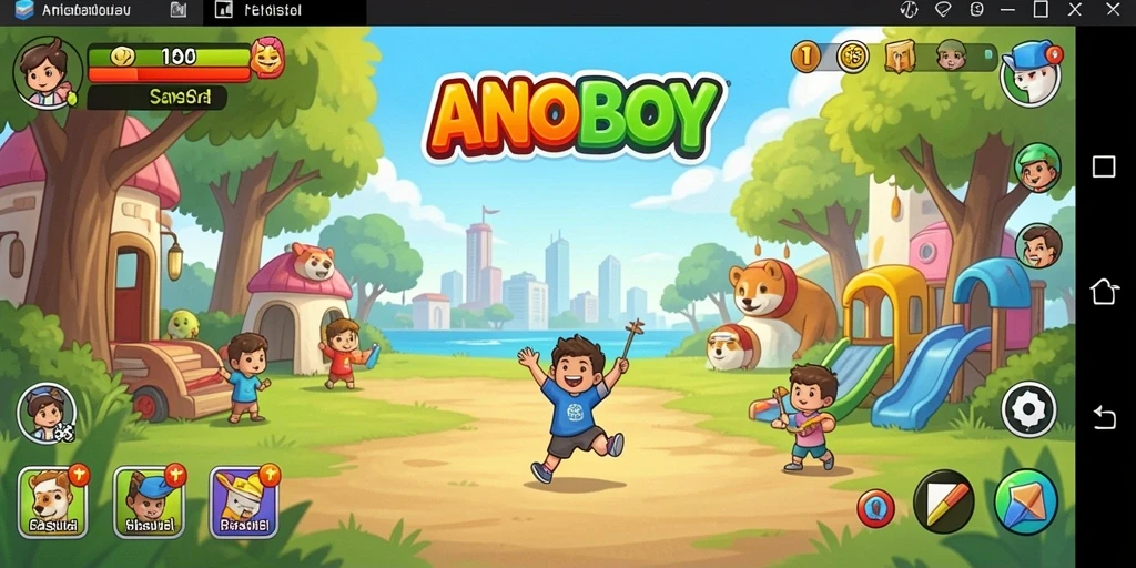 Screenshot gameplay ANOBOY yang penuh warna dan seru.