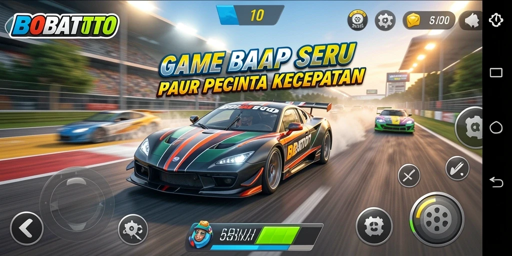 Tampilan gameplay BOBATOTO dengan mobil balap yang menegangkan di trek.