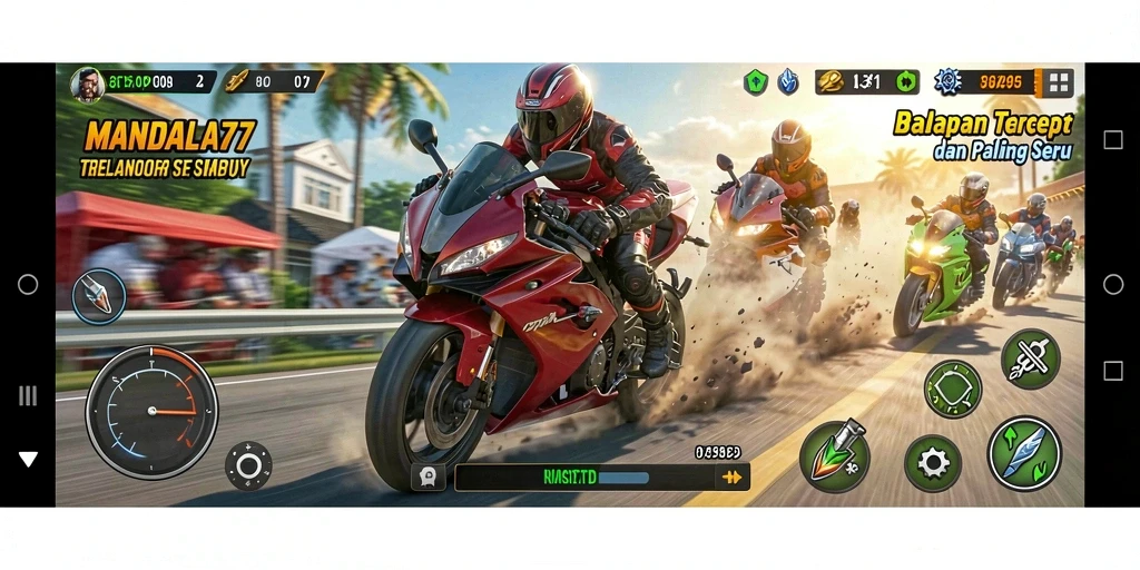 Tampilan gameplay balapan motor di MANDALA77 yang seru dan mendebarkan.
